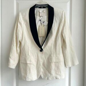MM Couture Miss Me Womens Ivory Linen Blazer Black Collar Jacket Large NEW NWT